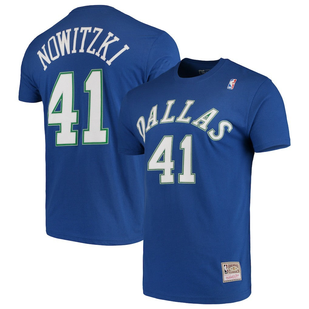 Mitchell & Ness Dirk Nowitzki Dallas Mavericks Hardwood Classics Team Name & Number T-Shirt Blue