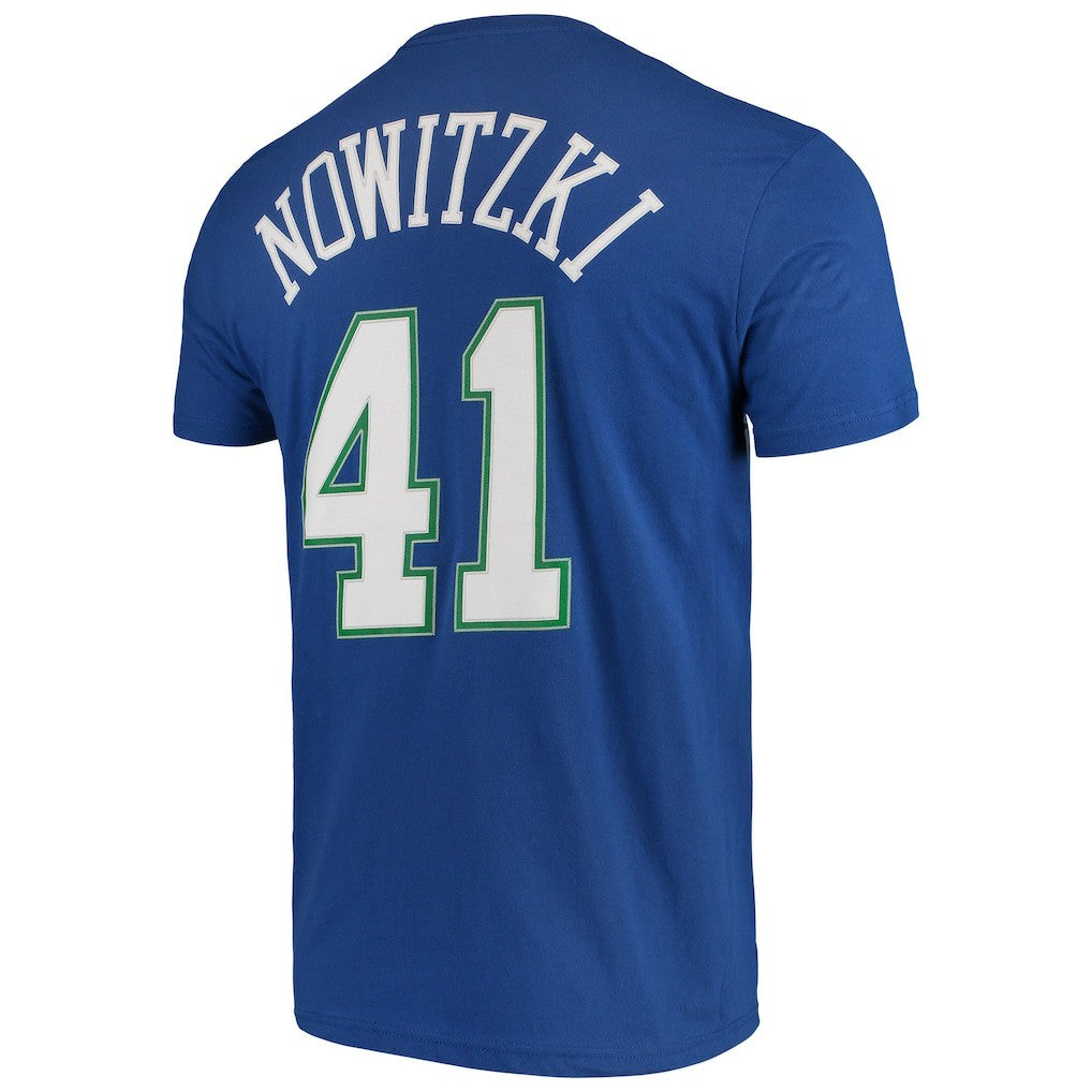 Mitchell & Ness Dirk Nowitzki Dallas Mavericks Hardwood Classics Team Name & Number T-Shirt Blue