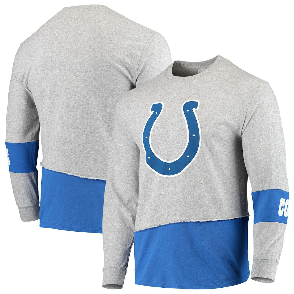 Indianapolis Colts Refried Apparel Sustainable Upcycled Angle Long Sleeve T-Shirt - Gray/Royal - NFL