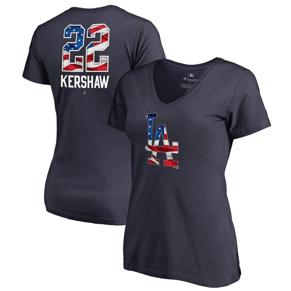 Clayton Kershaw Los Angeles Dodgers Women's Banner Wave Name & Number V-Neck T-Shirt Sale