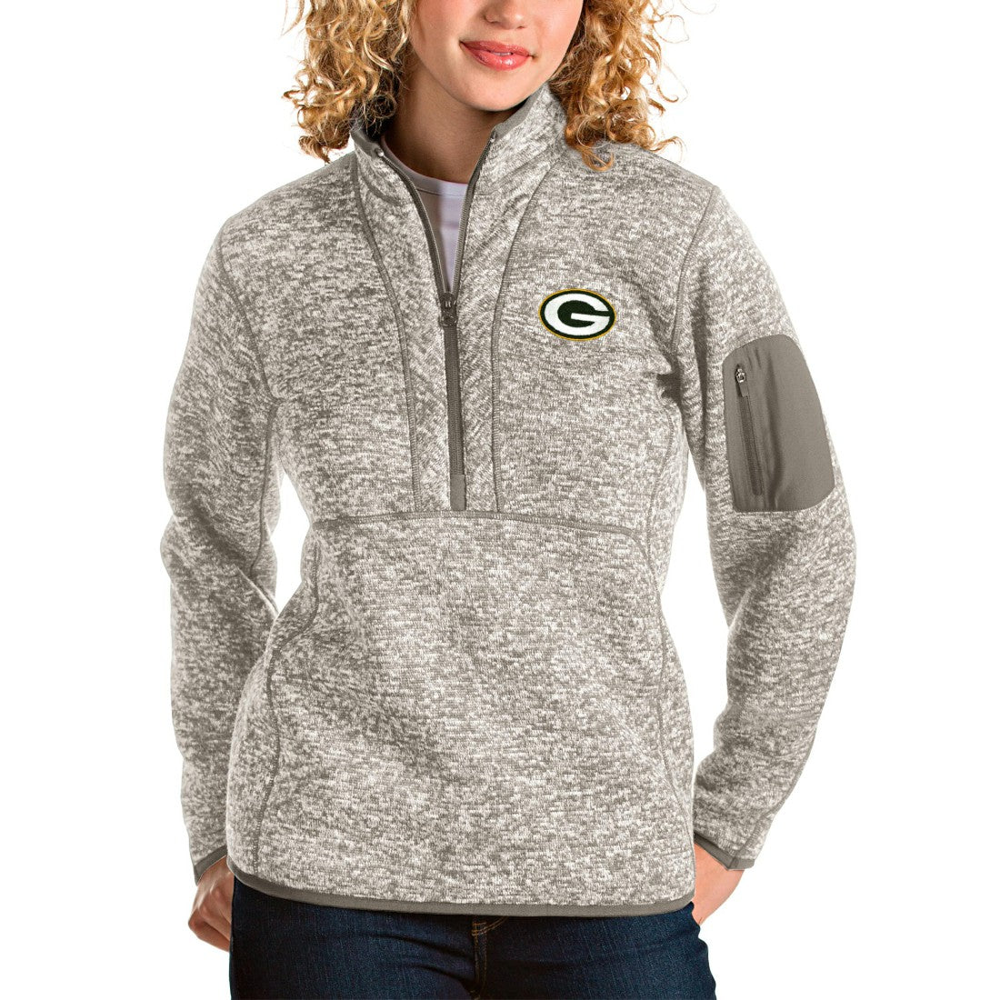 Green Bay Packers Antigua Women's Fortune Half-Zip Pullover Jacket - Oatmeal - NFL