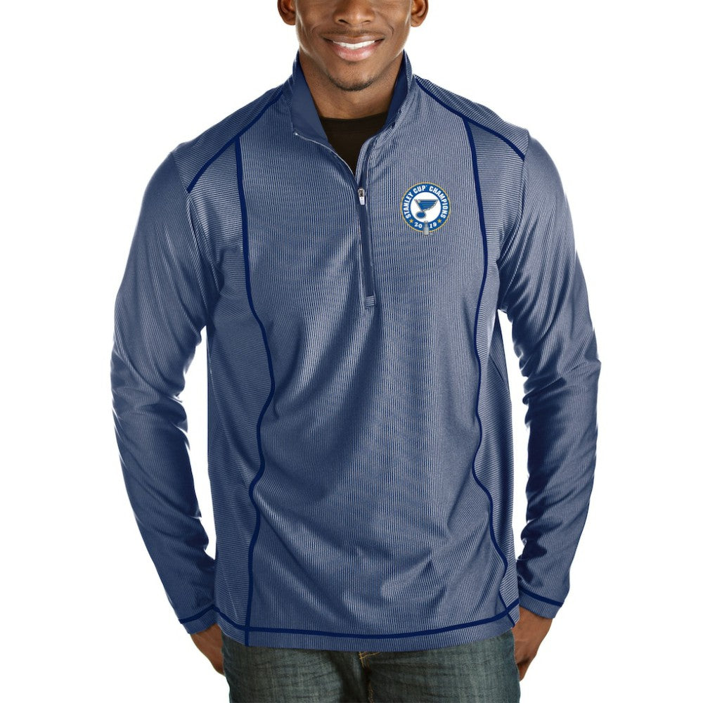 St. Louis Blues Antigua 2019 Stanley Cup Champions Tempo Quarter-Zip Pullover Jacket - Royal/Heather Gray | NHL Clearance