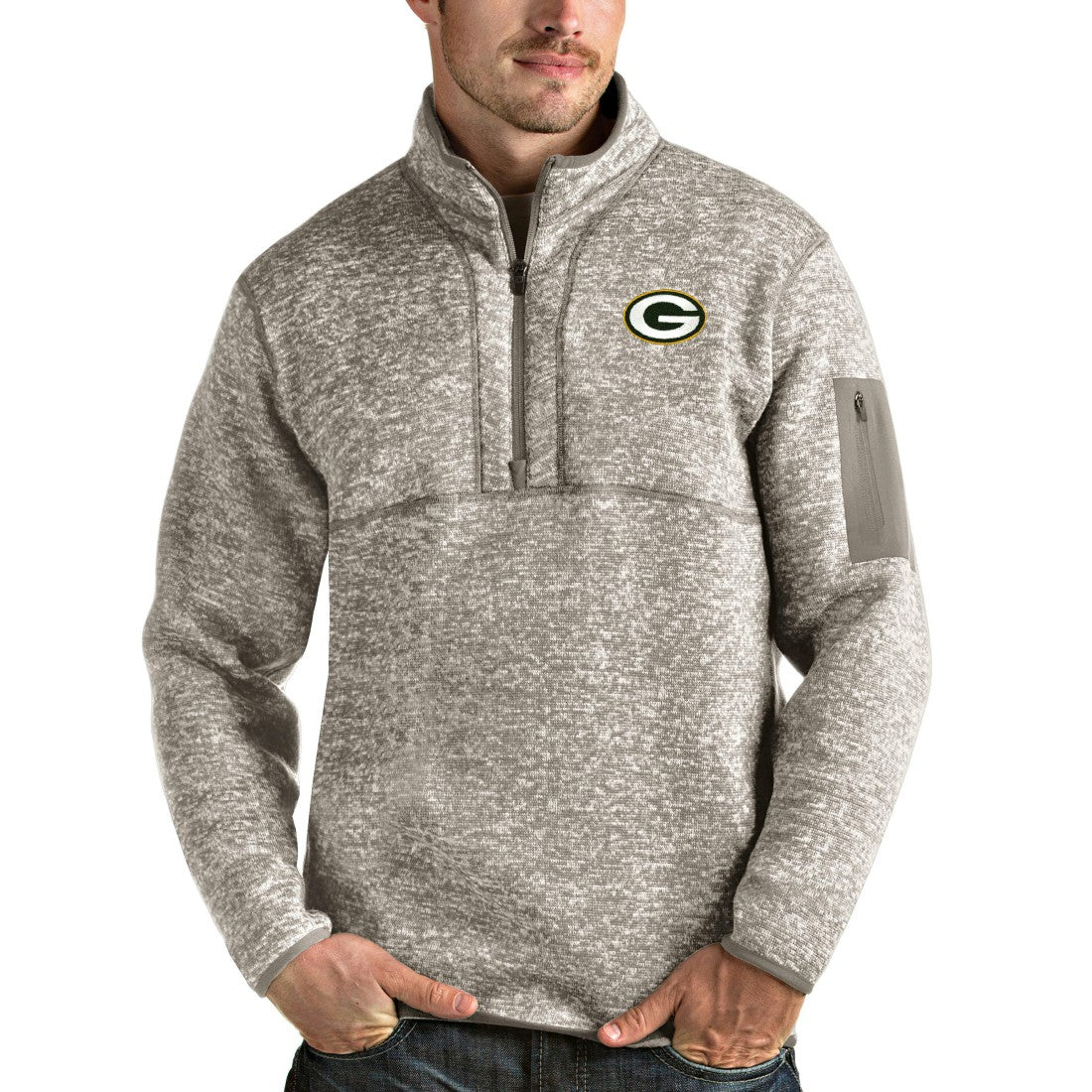 Green Bay Packers Antigua Fortune Quarter-Zip Pullover Jacket - Oatmeal - NFL