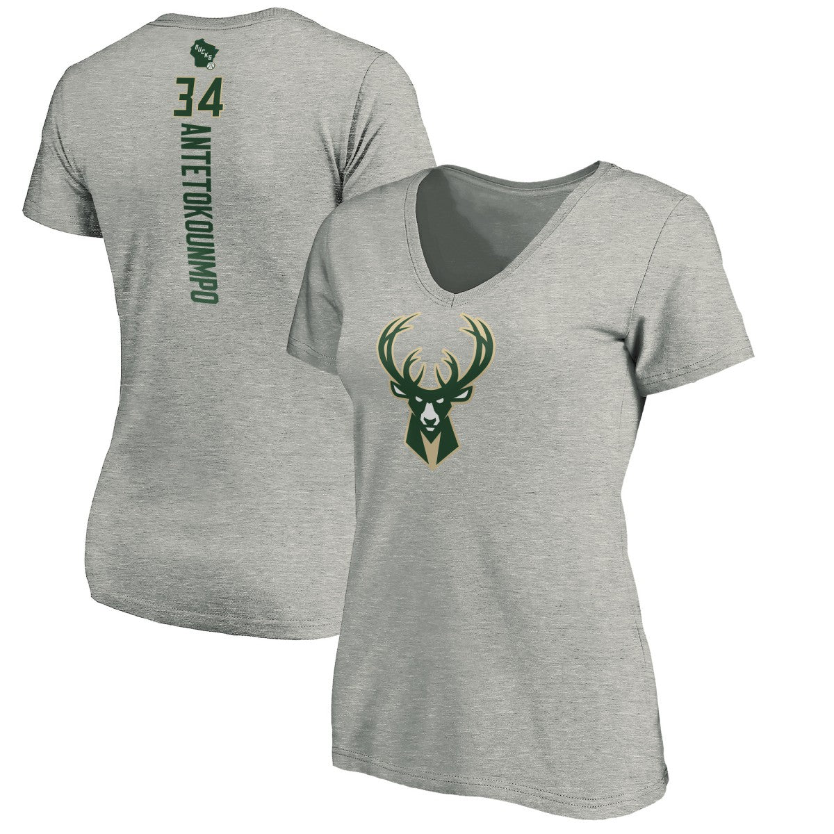 Giannis Antetokounmpo Milwaukee Bucks Women's Playmaker Name & Number V-Neck T-Shirt Heathered Gray