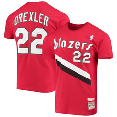 Mitchell & Ness Clyde Drexler Portland Trail Blazers Hardwood Classics Player Name & Number T-Shirt Red