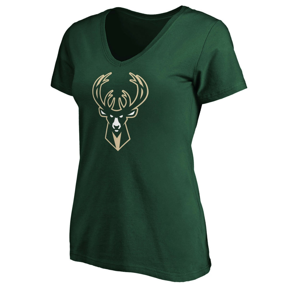 Fanatics Milwaukee Bucks Women's Primary Logo Team V-Neck T-Shirt Hunter Green