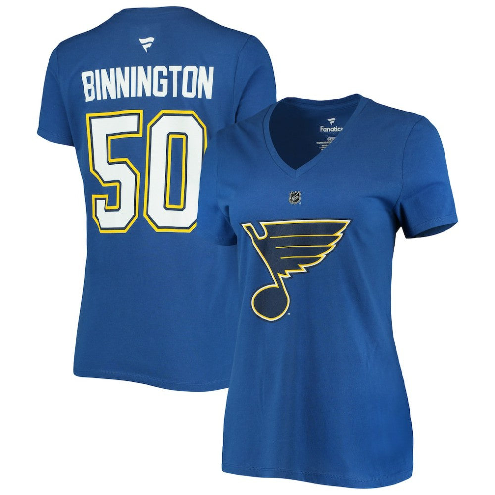 Jordan Binnington St. Louis Blues Fanatics Women's Authentic Stack Name & Number V-Neck T-Shirt - Blue | Fanatics online