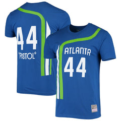 Mitchell & Ness Pete Maravich Atlanta Hawks Hardwood Classics Stitch Name & Number T-Shirt Blue