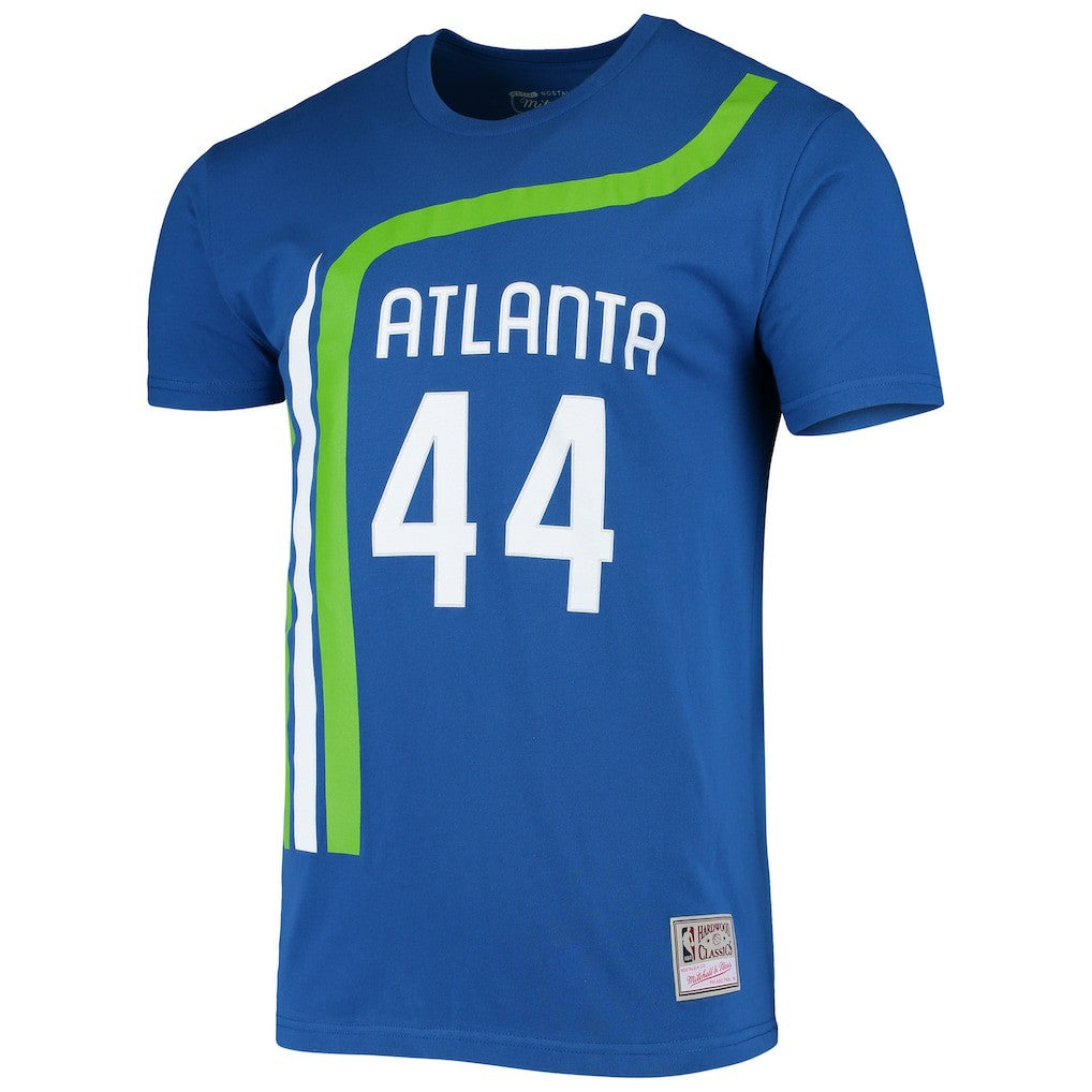Mitchell & Ness Pete Maravich Atlanta Hawks Hardwood Classics Stitch Name & Number T-Shirt Blue