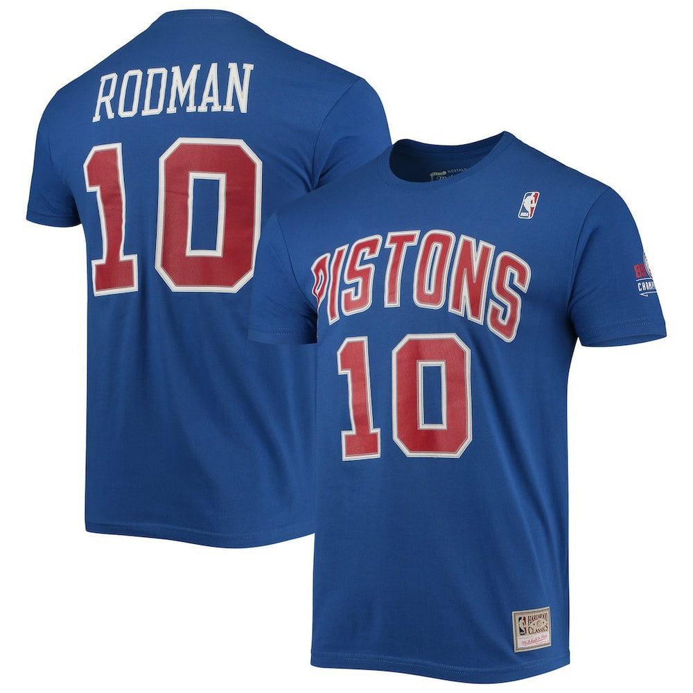 Mitchell & Ness Dennis Rodman Detroit Pistons Hardwood Classics Stitch Name & Number T-Shirt Blue