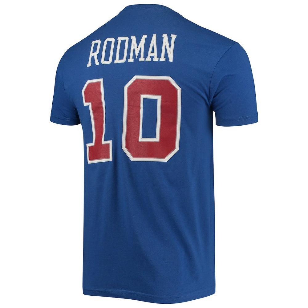 Mitchell & Ness Dennis Rodman Detroit Pistons Hardwood Classics Stitch Name & Number T-Shirt Blue