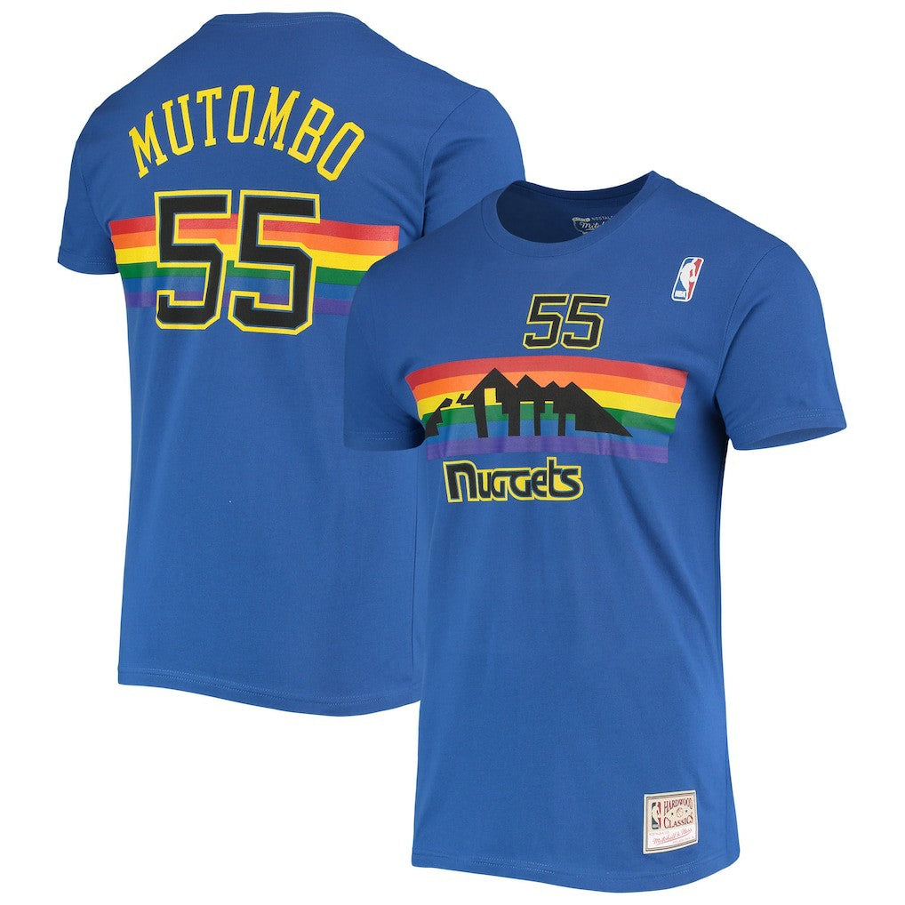 Mitchell & Ness Dikembe Mutombo Denver Nuggets Hardwood Classics Stitch Name & Number T-Shirt Royal