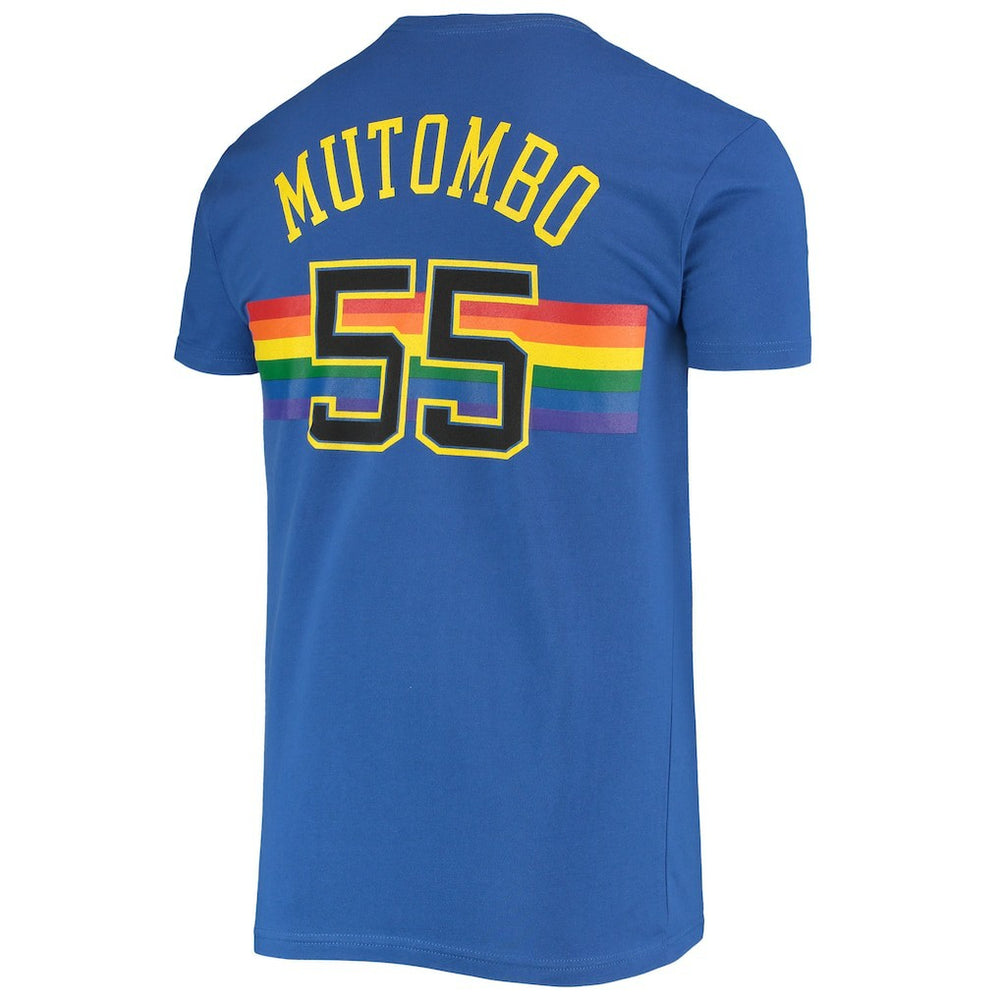 Mitchell & Ness Dikembe Mutombo Denver Nuggets Hardwood Classics Stitch Name & Number T-Shirt Royal