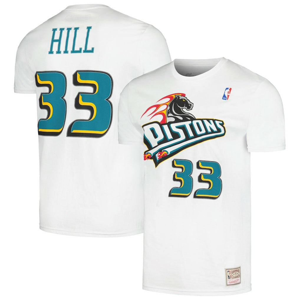 Mitchell & Ness Grant Hill Detroit Pistons Hardwood Classics Stitch Name & Number T-Shirt White
