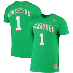 Mitchell & Ness Oscar Robertson Milwaukee Bucks Hardwood Classics Stitch Name & Number T-Shirt Green