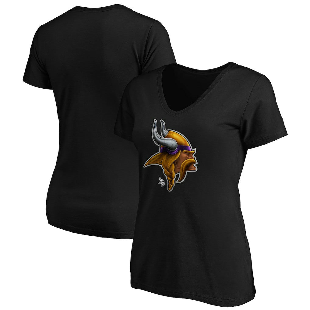 Minnesota Vikings Women's Midnight Mascot Logo V-Neck T-Shirt - Black - NFL