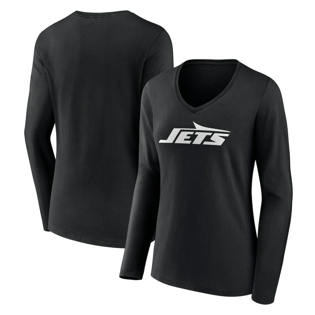 New York Jets Women's Primary Team Logo Long Sleeve V-Neck T-Shirt - Black - NFL