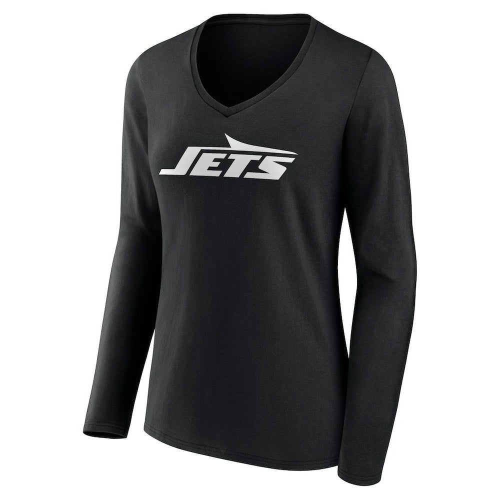 New York Jets Women's Primary Team Logo Long Sleeve V-Neck T-Shirt - Black - NFL