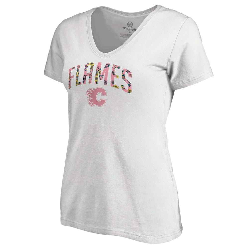 Calgary Flames Women's Floral Arched V-Neck T-Shirt - White | NHL Lifestyle