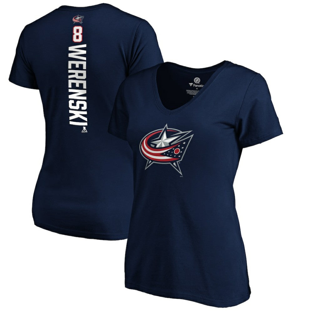 Zach Werenski Columbus Blue Jackets Women's Playmaker V-Neck T-Shirt - Navy | NHL near me