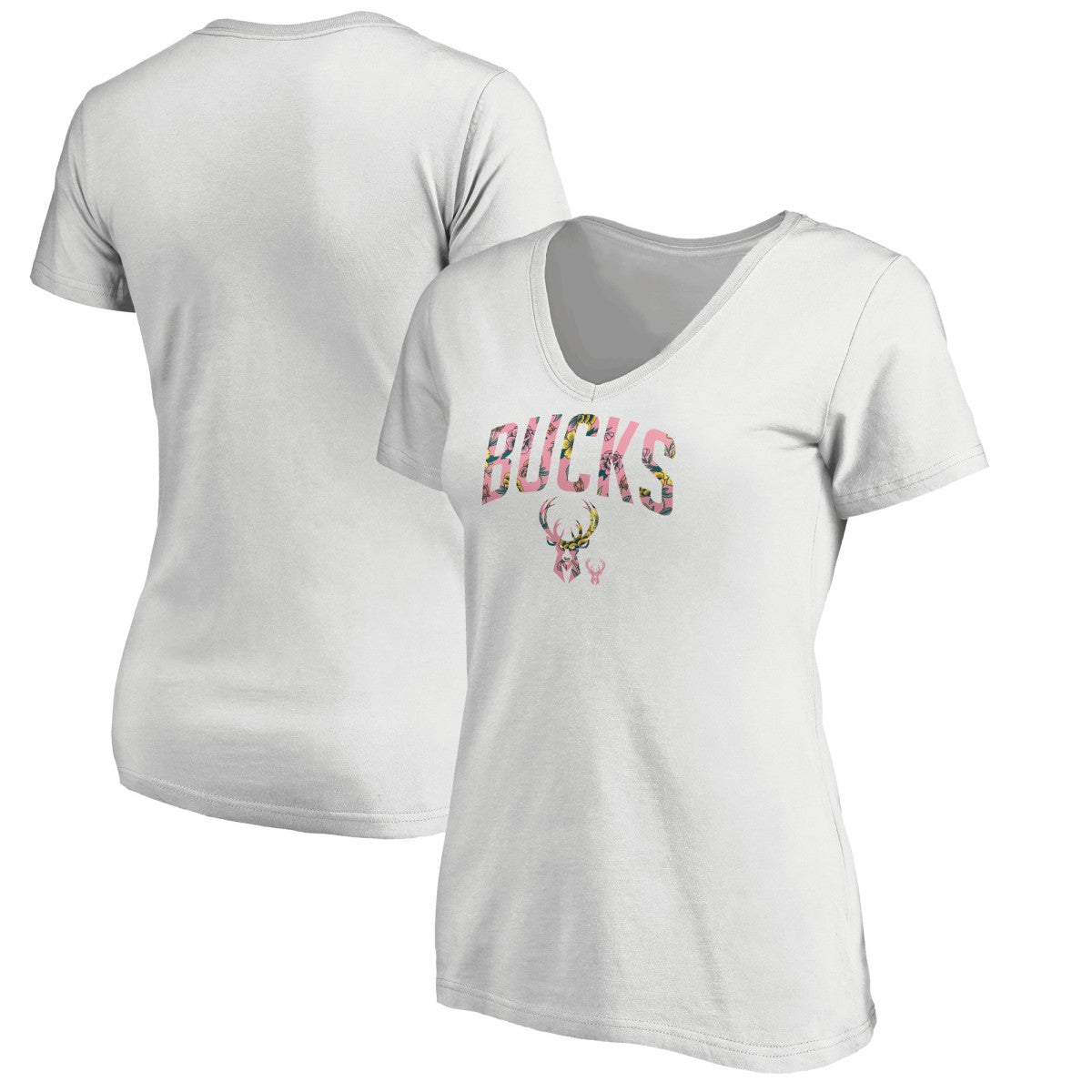 Milwaukee Bucks Women's Floral Arch V-Neck T-Shirt White