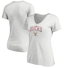 Milwaukee Bucks Women's Floral Arch V-Neck T-Shirt White