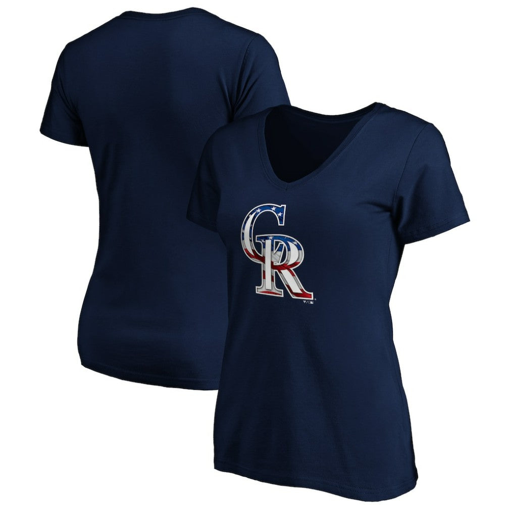 Colorado Rockies Logo Women's Banner Wave V-Neck T-Shirt Discount