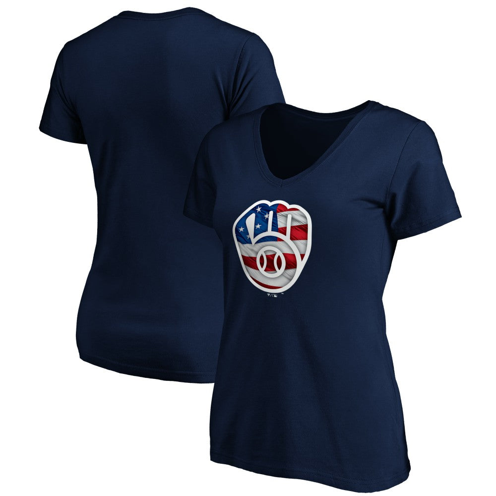 Milwaukee Brewers Logo Women's Banner Wave V-Neck T-Shirt for sale