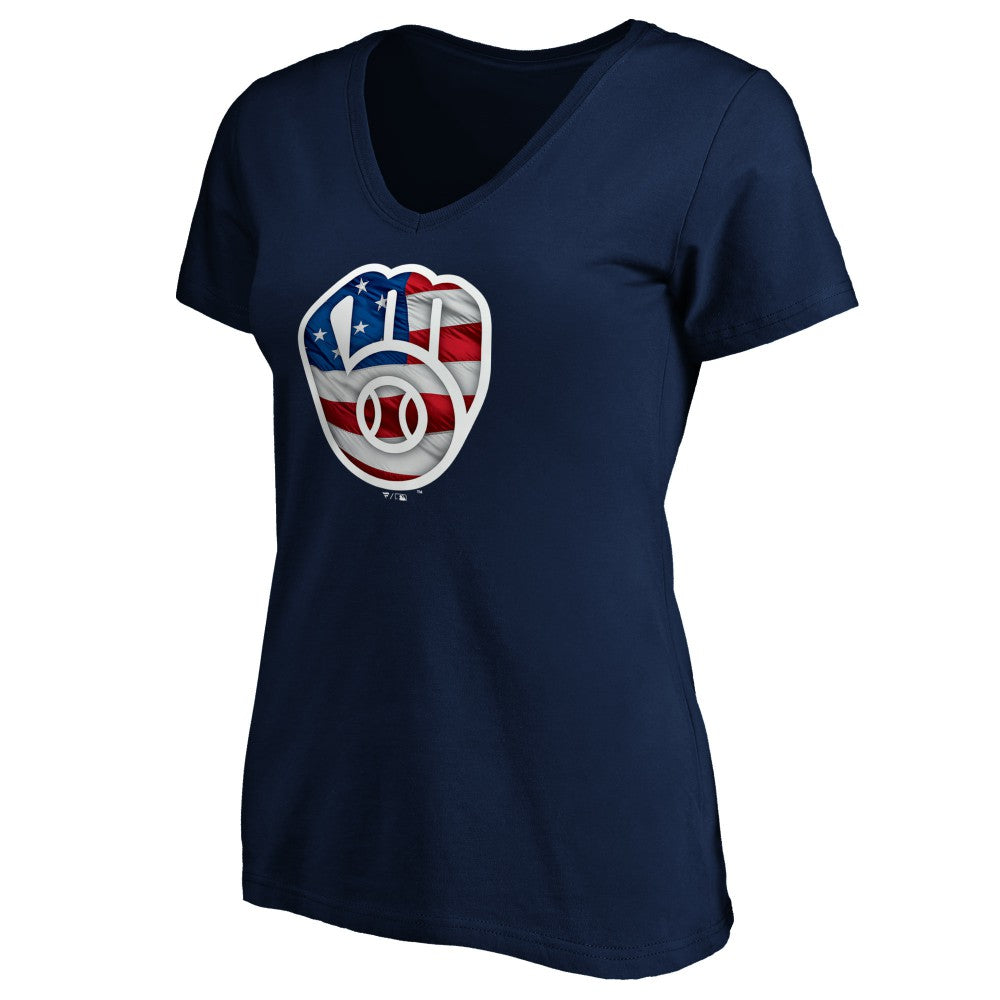 Milwaukee Brewers Logo Women's Banner Wave V-Neck T-Shirt for sale