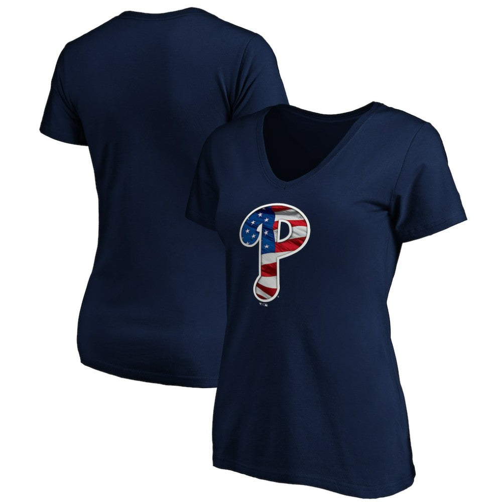 Philadelphia Phillies Logo Women's Banner Wave V-Neck T-Shirt Outlet