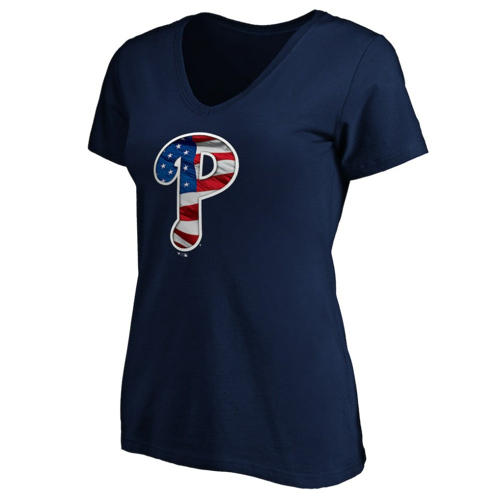 Philadelphia Phillies Logo Women's Banner Wave V-Neck T-Shirt Outlet