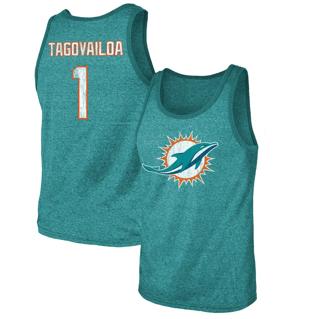 Tua Tagovailoa Miami Dolphins Majestic Threads Name & Number Tri-Blend Tank Top - Aqua - NFL