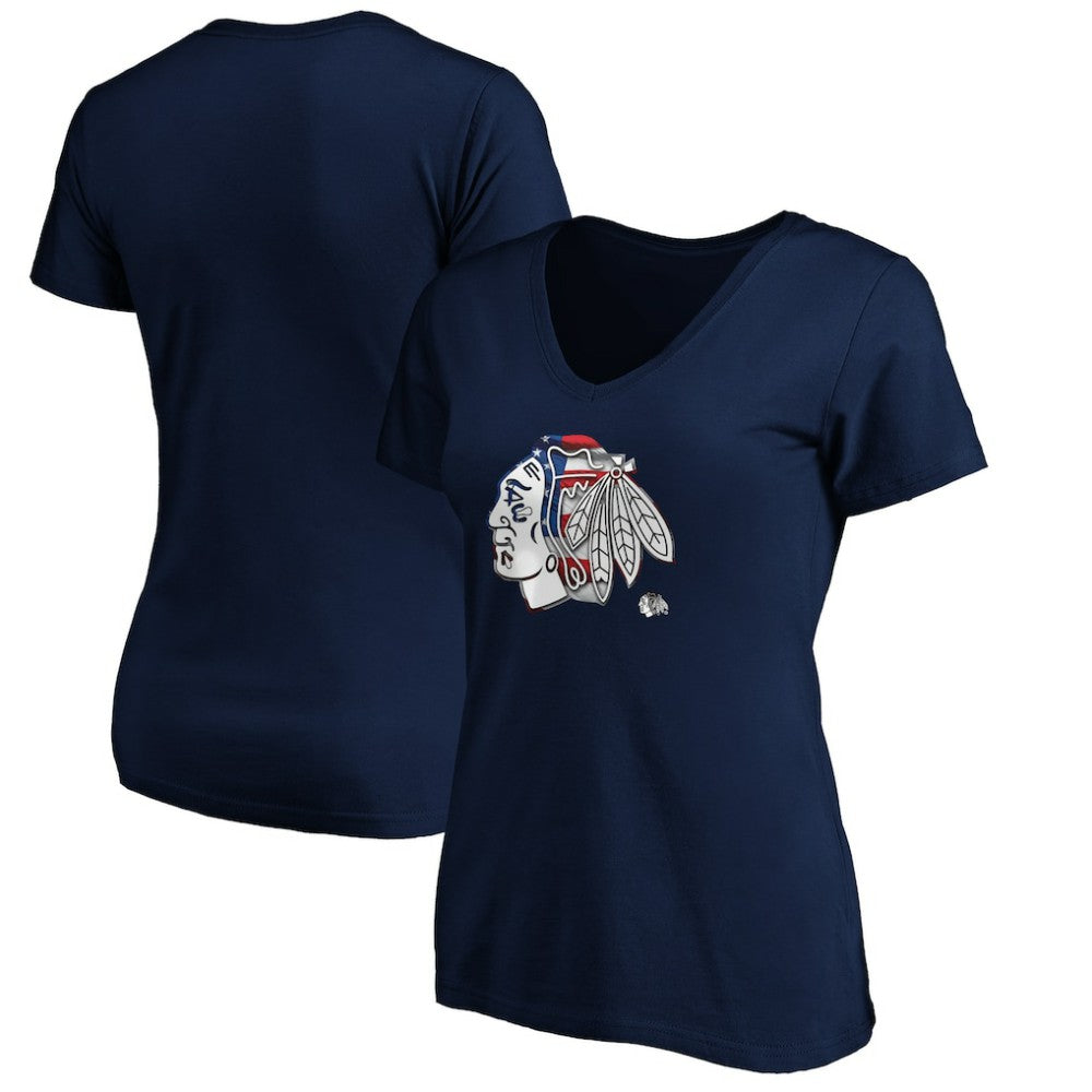 Chicago Blackhawks Women's Banner Wave Logo V-Neck T-Shirt T-Shirt - Navy | NHL on sale