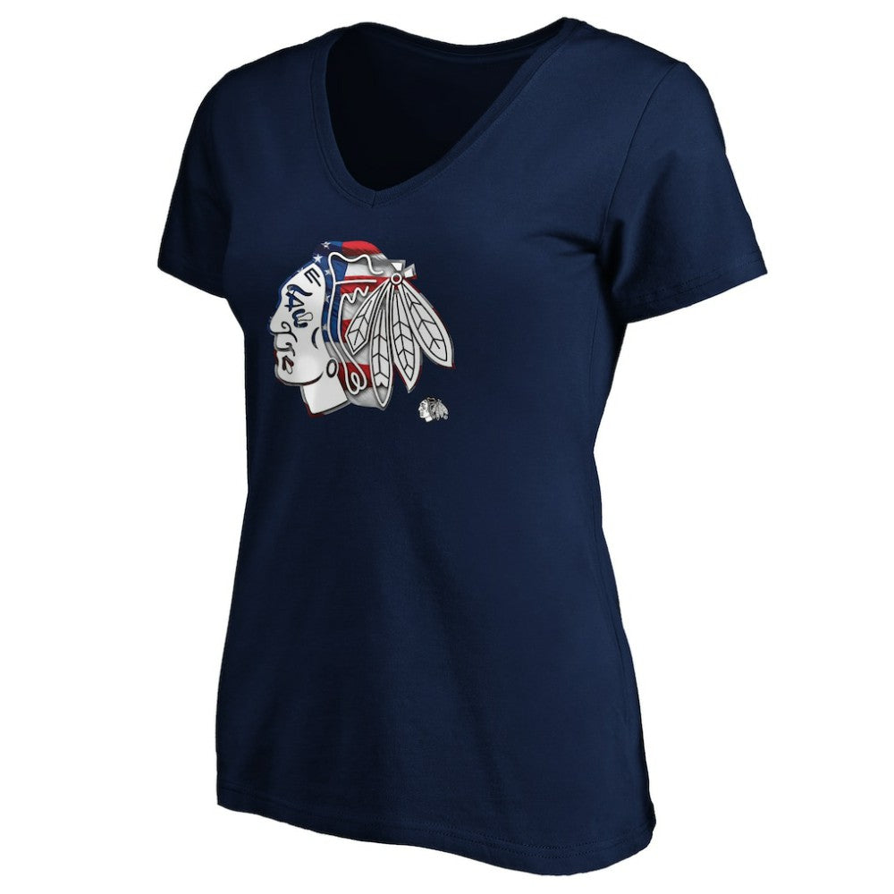 Chicago Blackhawks Women's Banner Wave Logo V-Neck T-Shirt T-Shirt - Navy | NHL on sale