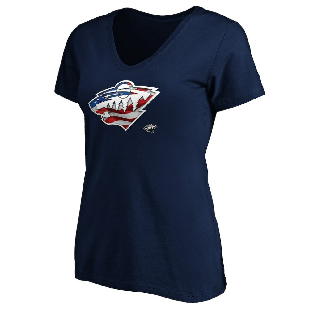 Minnesota Wild Women's Banner Wave Logo V-Neck T-Shirt T-Shirt - Navy | NHL online