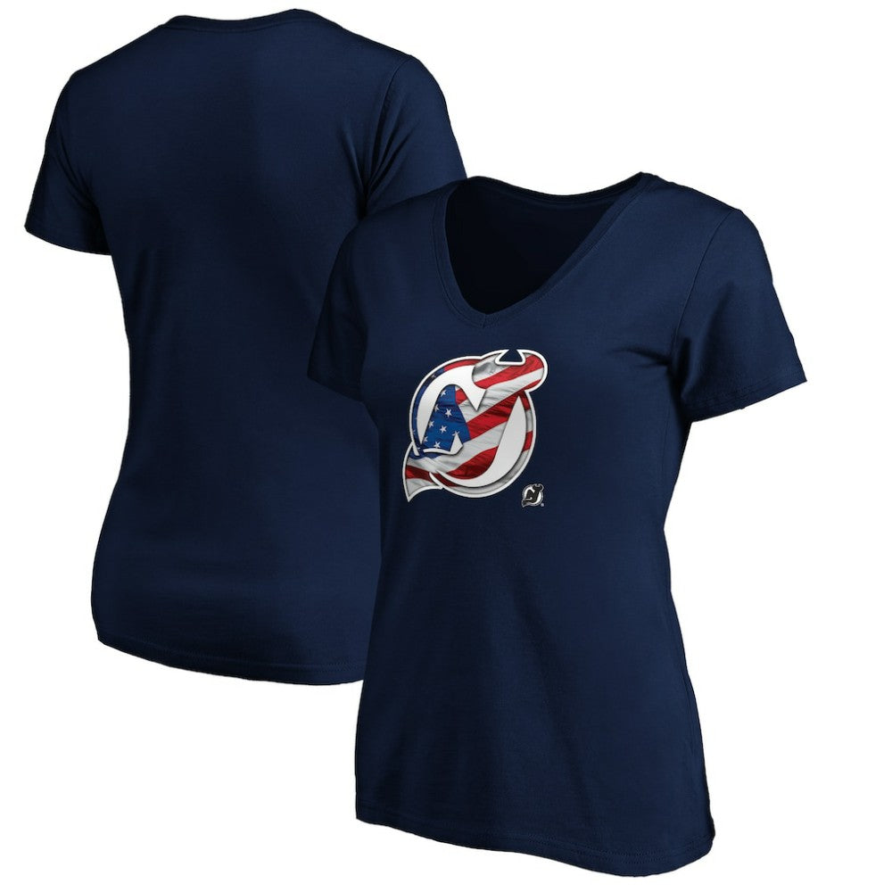 New Jersey Devils Women's Banner Wave Logo V-Neck T-Shirt T-Shirt - Navy | NHL Lifestyle