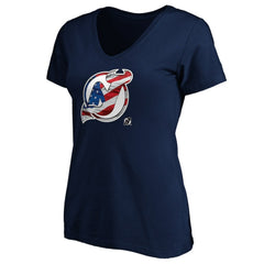 New Jersey Devils Women's Banner Wave Logo V-Neck T-Shirt T-Shirt - Navy | NHL Lifestyle
