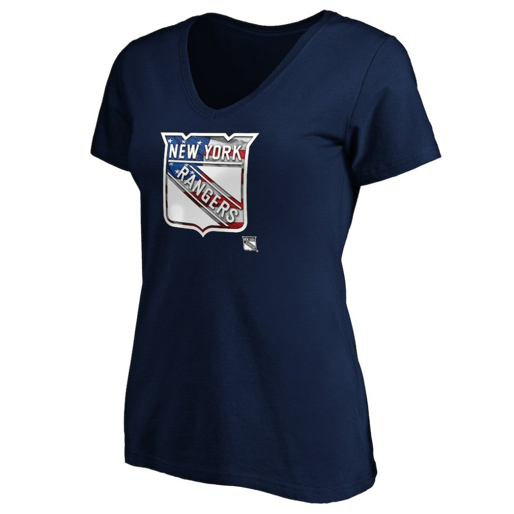 New York Rangers Women's Banner Wave Logo V-Neck T-Shirt T-Shirt - Navy | NHL near me