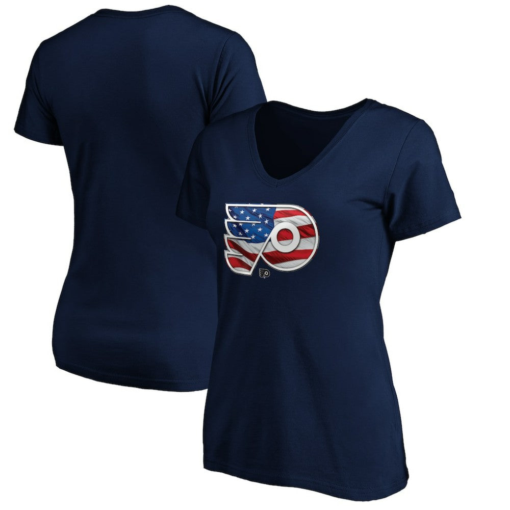 Philadelphia Flyers Women's Banner Wave Logo V-Neck T-Shirt T-Shirt - Navy | NHL online