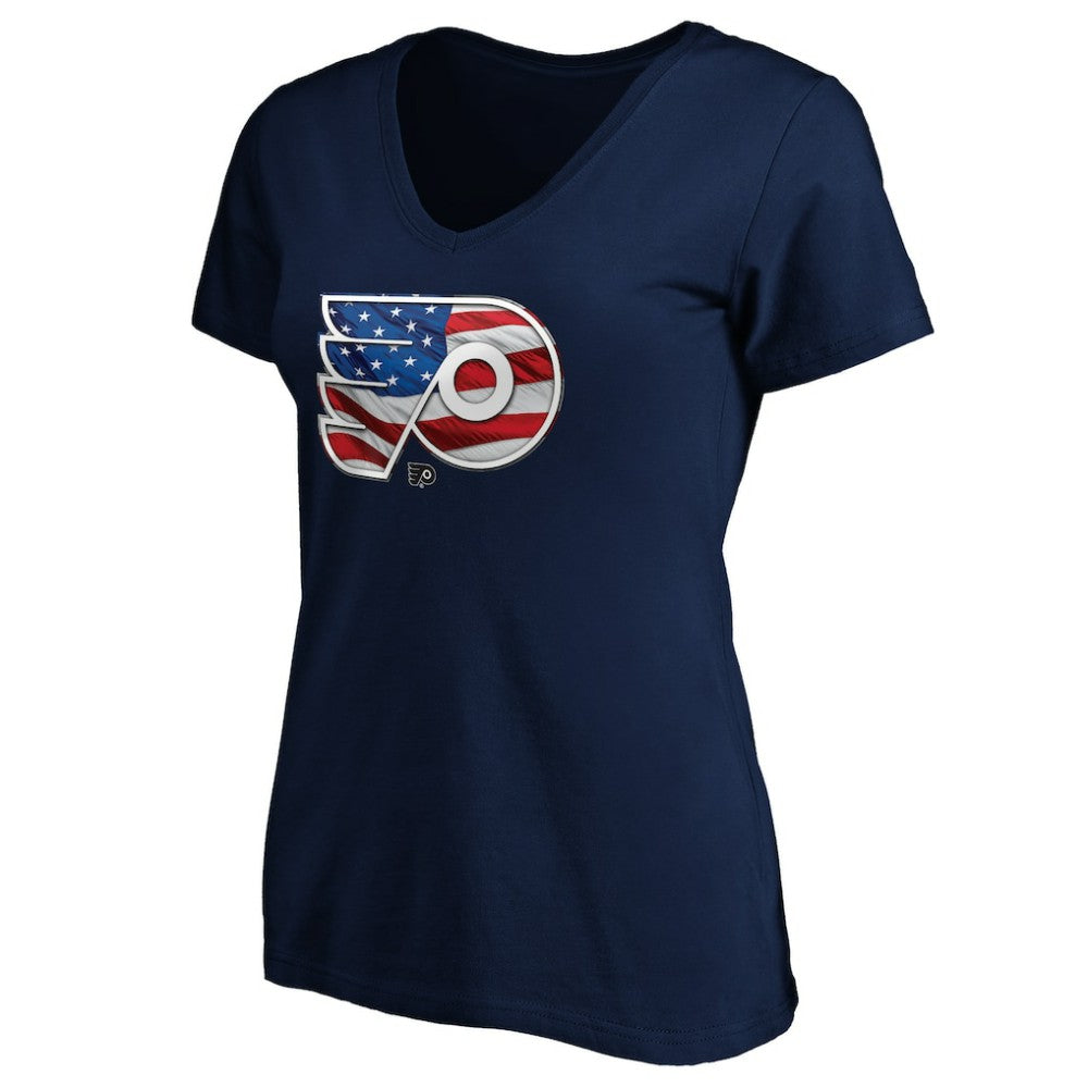 Philadelphia Flyers Women's Banner Wave Logo V-Neck T-Shirt T-Shirt - Navy | NHL online