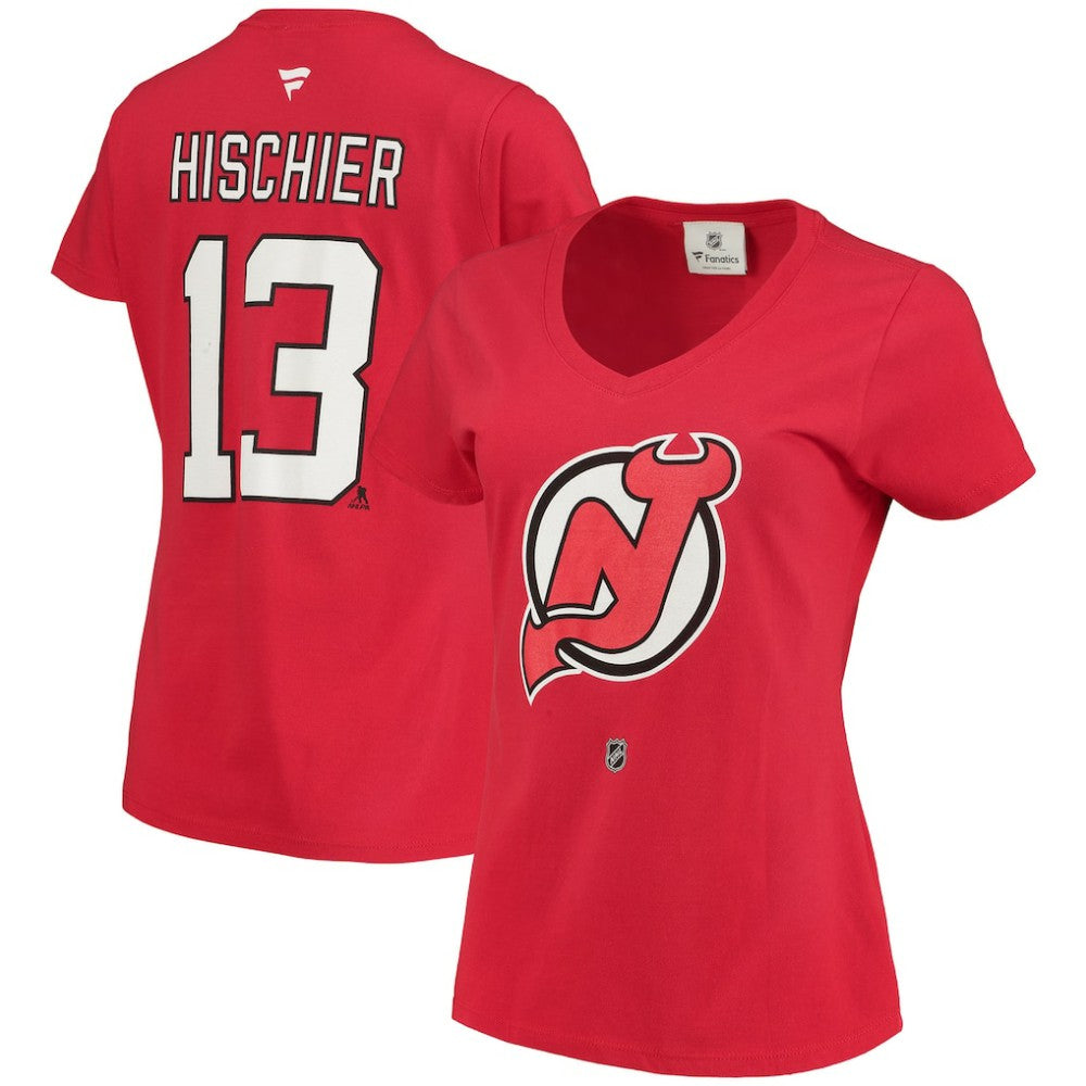Nico Hischier New Jersey Devils Fanatics Women's Name & Number Logo V-Neck T-Shirt - Red | Fanatics discount