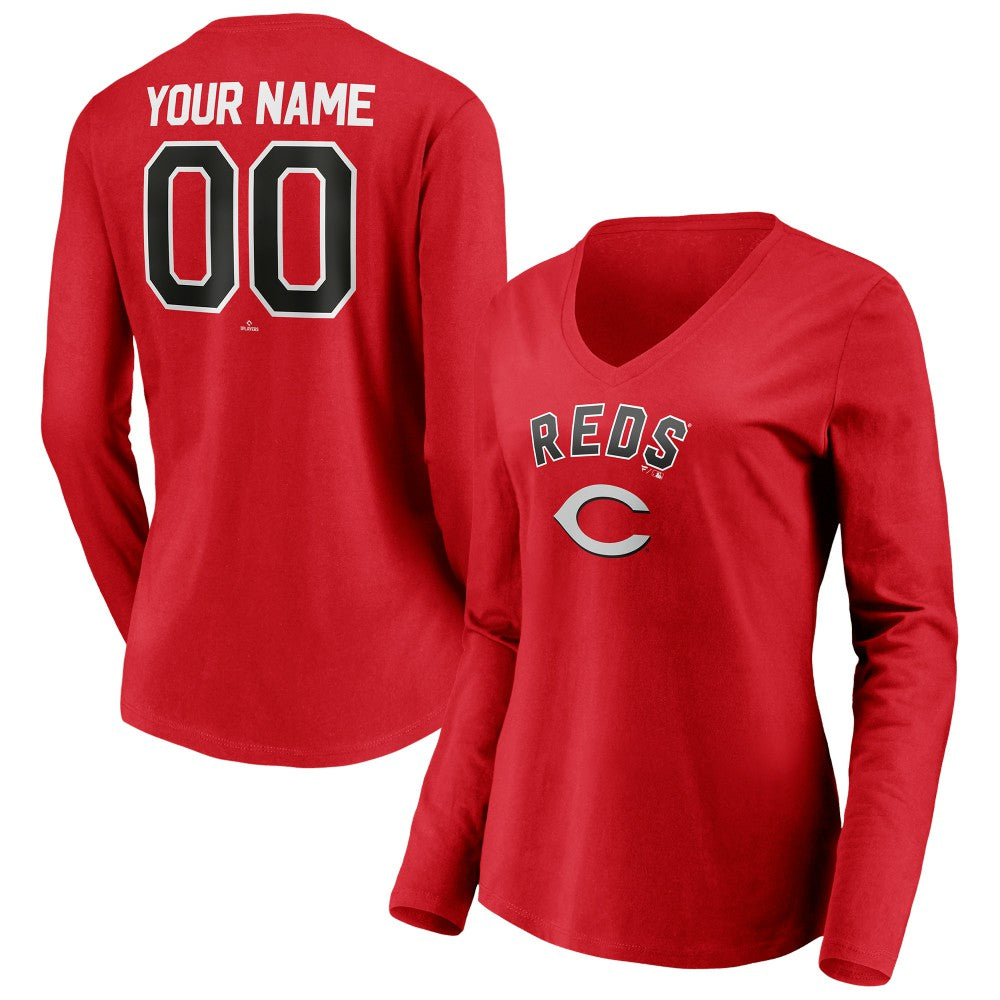 Cincinnati Reds Women's Personalized Winning Streak Name & Number Long Sleeve V-Neck T-Shirt Outlet