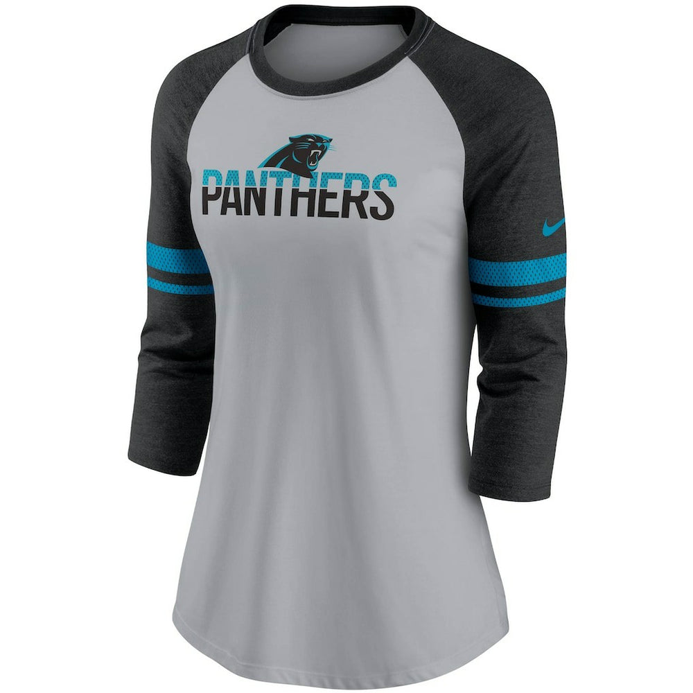 Carolina Panthers Women's Stripe Mesh Nickname Tri-Blend 3/4-Sleeve T-Shirt - Heathered Gray/Black - Nike