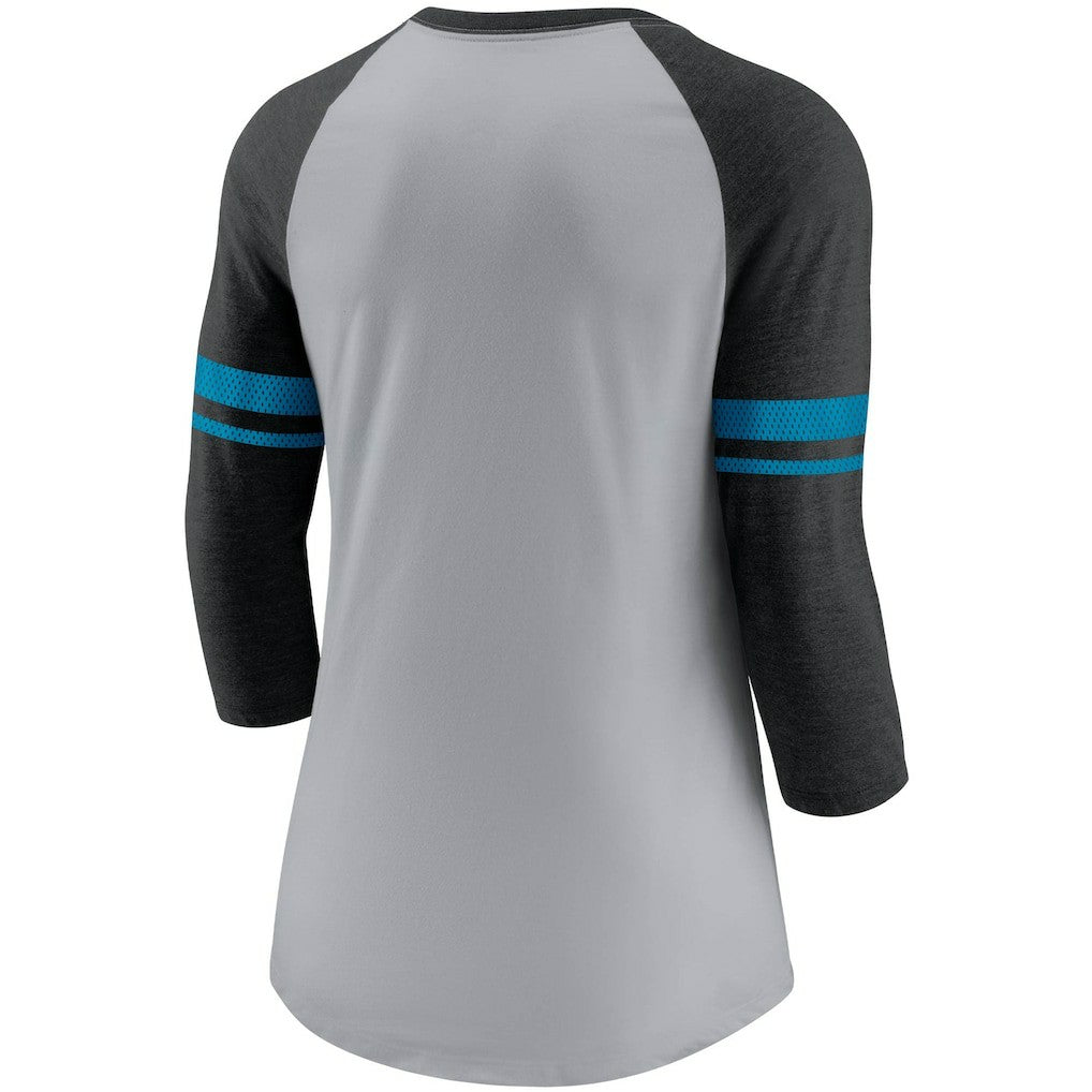 Carolina Panthers Women's Stripe Mesh Nickname Tri-Blend 3/4-Sleeve T-Shirt - Heathered Gray/Black - Nike