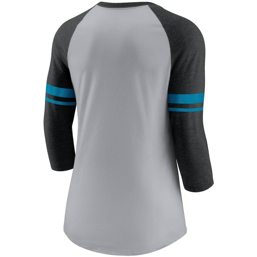 Carolina Panthers Women's Stripe Mesh Nickname Tri-Blend 3/4-Sleeve T-Shirt - Heathered Gray/Black - Nike