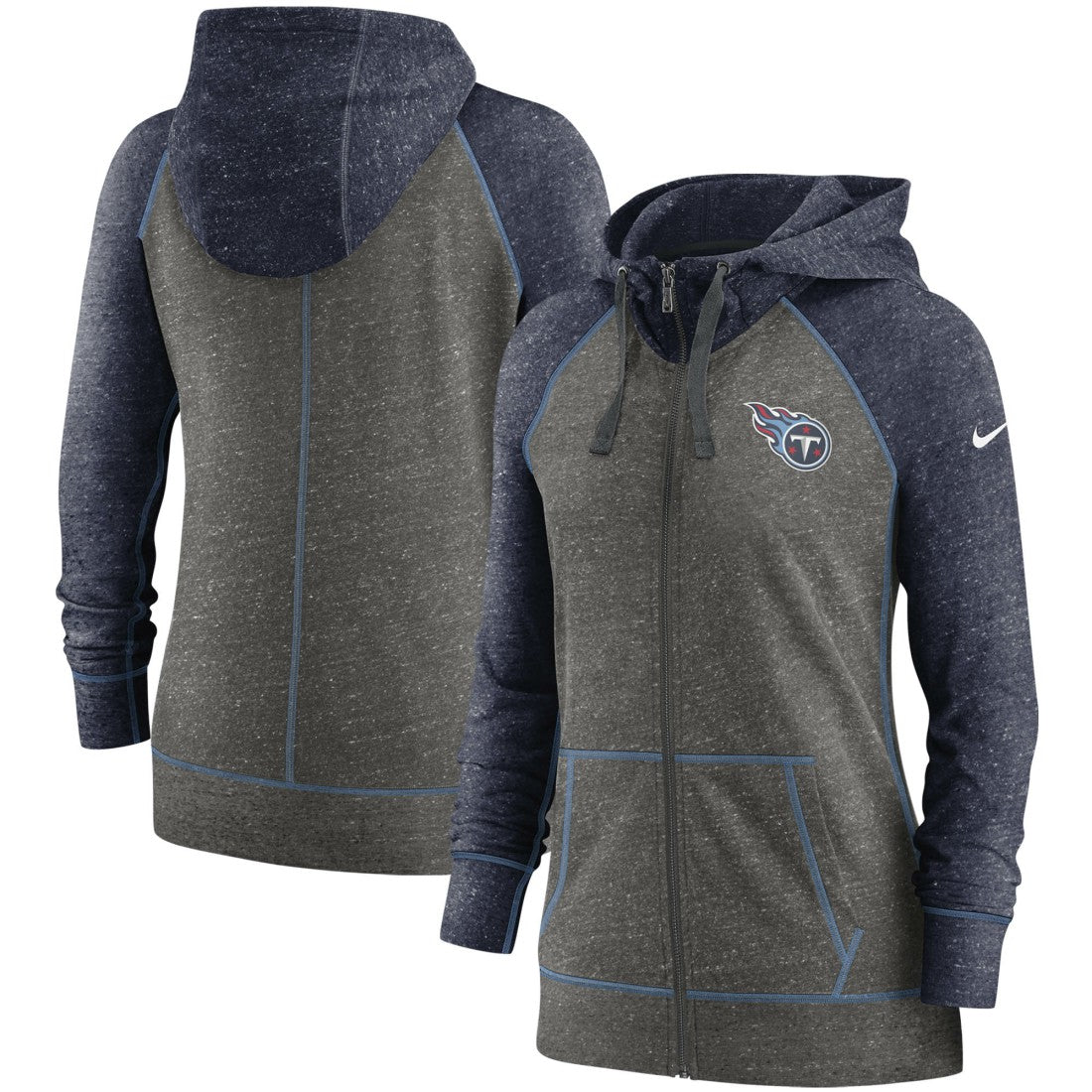 Tennessee Titans Women's Gym Vintage Raglan Full-Zip Hoodie - Heathered Charcoal/Navy - Nike