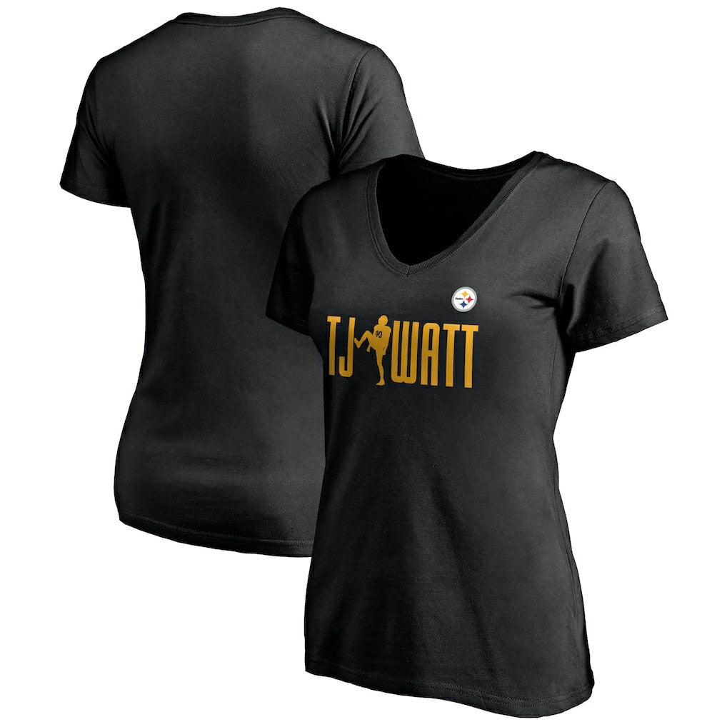 T.J. Watt Pittsburgh Steelers Women's Checkdown V-Neck T-Shirt - Black - NFL