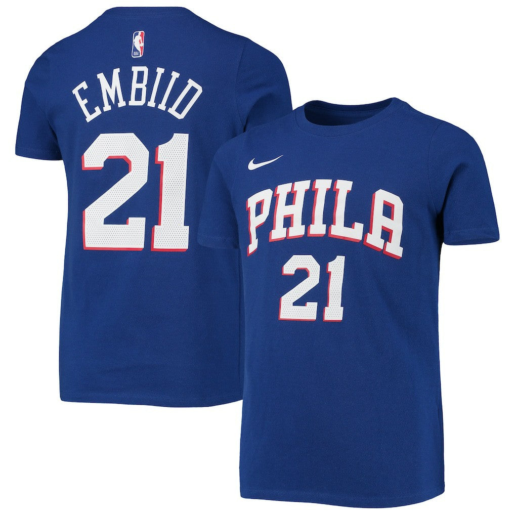Nike Joel Embiid Philadelphia 76ers Youth Logo Name & Number Performance T-Shirt Royal