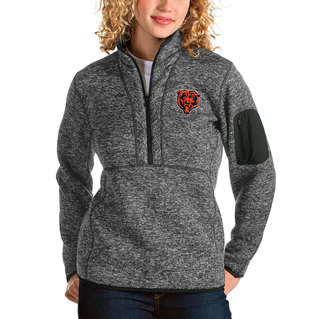 Chicago Bears Antigua Women's Bear Head Fortune Half-Zip Pullover Jacket - Heather Charcoal - NFL