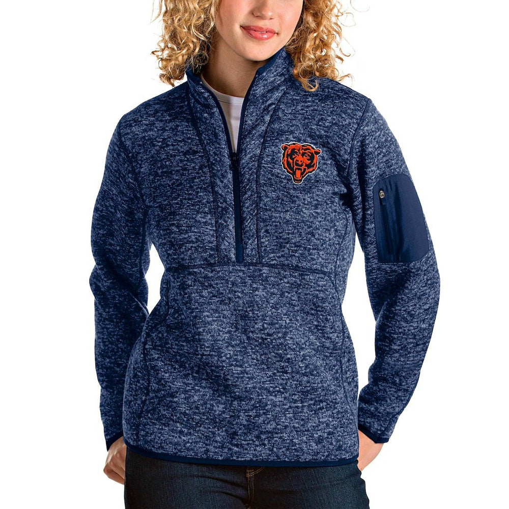 Chicago Bears Antigua Women's Bear Head Fortune Half-Zip Pullover Jacket - Heather Navy - NFL
